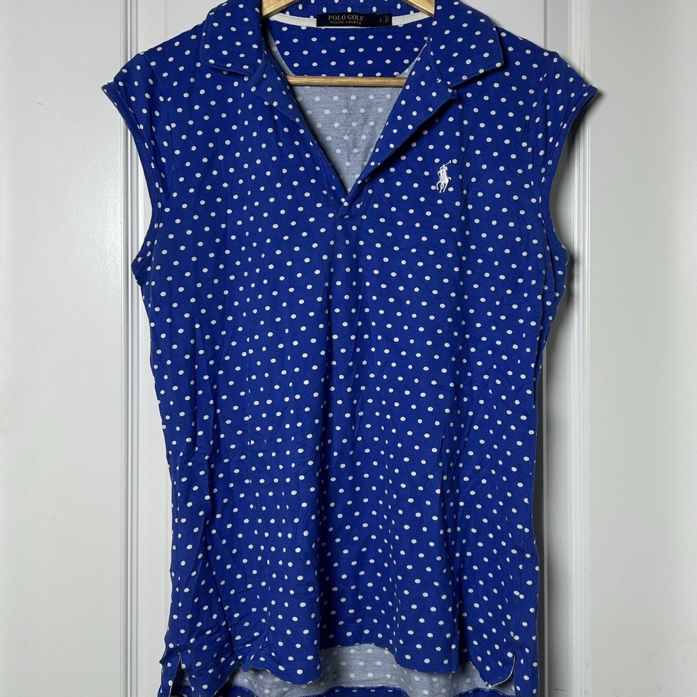 Polo Golf Ralph Lauren Pima Cotton Blue Polka Dot Sleeveless Classic Polo Shirt